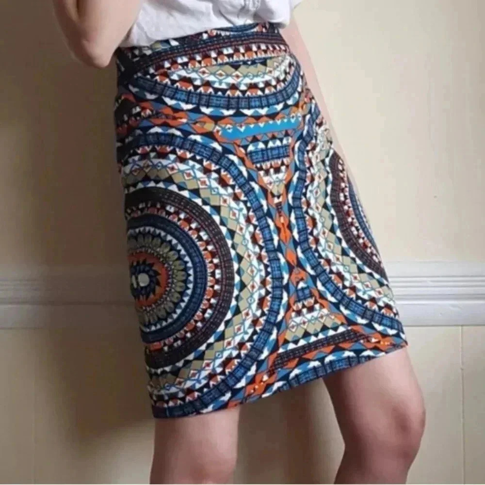 Anthropologie Tabitha Pencil Skirt Size 4 Small Olmeda Blue Orange Mosaic Print